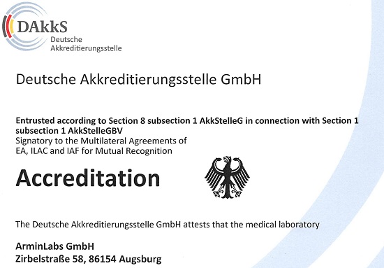 ArminLabs is accredited
internationally according to
DIN EN ISO 15189:2014